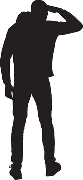 vector,silhouette of   back view of a a man hand on forehead looking away