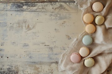 Light tan rustic wooden table background with macarons in varied colors, soft cloth napkin adding texture to the scene