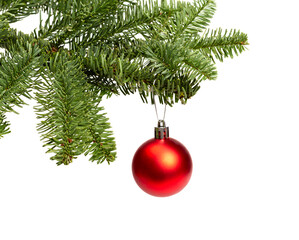 Christmas tree branch with festive balls isolated on white