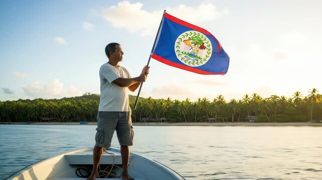 fisherman standing on boat, proudly holding belize flag against tropical backdrop with palm trees and calm waters during sunrise. pride, peaceful seascape. travel, tourism, national day celebration