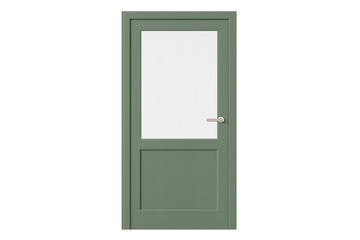 Green isolated door with glass panel and handle, no background, studio shot.