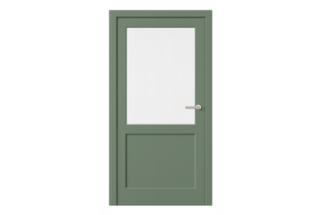 Green isolated door with glass panel and handle, no background, studio shot.