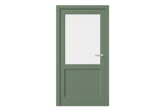 Green isolated door with glass panel and handle, no background, studio shot.