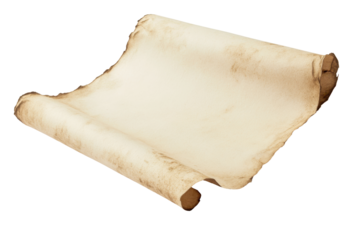 Ancient rolled bended paper scroll isolated on transparent background. Blank bended paper sheet isolated on white background.