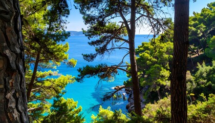 Obraz premium Coastal scenery through pine trees