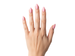 Single woman hand with extended fingers, natural nails, smooth skin, graceful posture, balance, expression, presence, simplicity. display mockup for jewelry and nails. transparent background