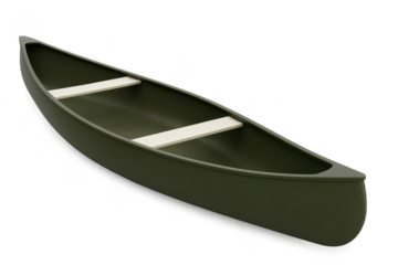 Classic olive green canoe with wooden seats, isolated on transparent background
