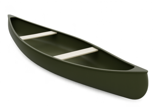 Classic olive green canoe with wooden seats, isolated on transparent background