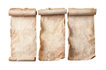 Old parchment scrolls isolated on transparent background. Blank paper sheets set isolated on white background.