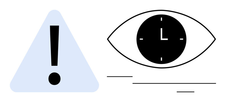 Triangle with exclamation mark signifies alert, paired with an eye containing a clock. Represents urgency, time awareness, monitoring, focus, productivity, scheduling decision-making. Simple flat