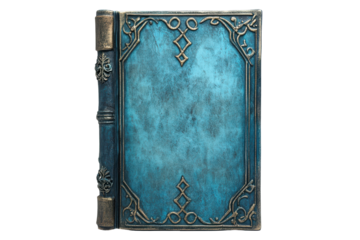 Ornate antique blue leather bound book isolated on transparent background. Blue hard cover book isolated on white background.
