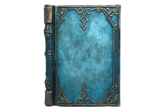 Ornate antique blue leather bound book isolated on transparent background. Blue hard cover book isolated on white background. - Powered by Adobe
