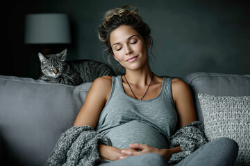 Peaceful pregnant woman resting on cozy couch with hands on belly, wearing comfortable loungewear at home, gray tabby cat sitting beside her, intimate maternity lifestyle moment