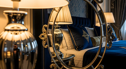 Elegant Bedroom Interior with Mirror, Lamps, Pillows, and Sophisticated Decor Elements