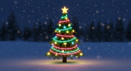 Obraz premium Radiant Christmas Tree in Snowy Ambiance: A Festive Winter Celebration Landscape