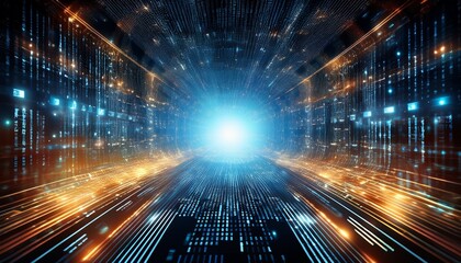a dynamic digital tunnel of glowing numbers and data streams converging towards a bright central point representing technology and information flow