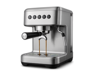 Silver espresso machine brewing coffee, isolated on transparent background isolated on transparent background