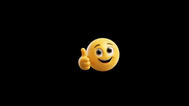 Joyful 3D emoji character giving a thumbs up with a big smile, conveying positivity and approval in a dynamic, modern digital animation sequence.