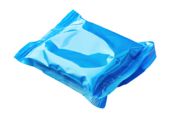 Blue ice packs stacked isolated on transparent background. Blue wet wipes flow pack isolated on white background.
