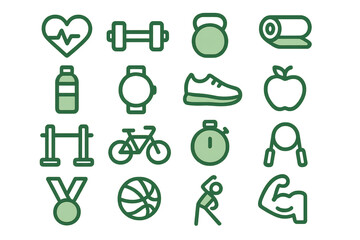 Variety of fitness and health vector icons, isolated on transparent background