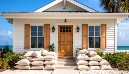 Sandbags protect home from rising sea level with coastal flooding.