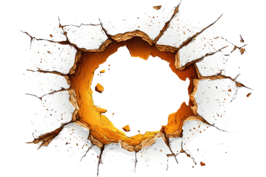 Realistic bullet hole through white material isolated on transparent background. Bullet hole with cracked jagged edges isolated on white background.