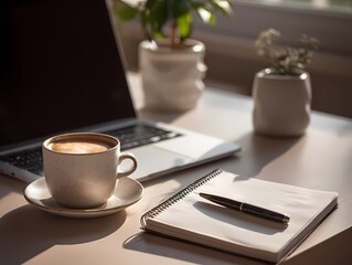 Morning espresso in ceramic cup beside notebook and laptop in sunlit workspace