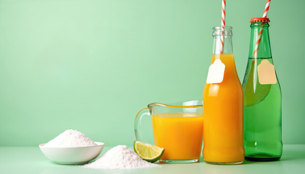 Bottles of orange juice and soda sit near sugar piles and lime. Price tags on beverages suggest added sugar tax or surcharge. Healthy eating concepts, diet, nutrition choices related to sweet drinks.