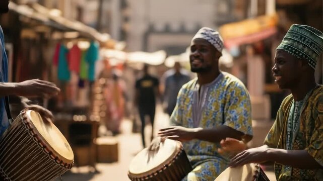 african musicians in vibrant clothing play traditional drums in sunny open-air market, lively cultural event. street performance, music festival.