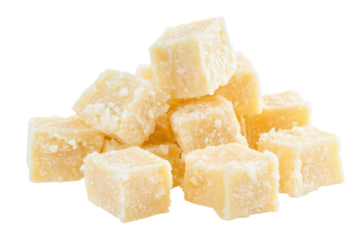 Pile of cubed parmesan cheese isolated on transparent background. Cheese piece cube isolated white on background.