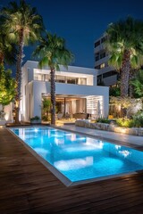 Fototapeta premium Luxurious Resort Pool Area with Palm Trees and Modern Buildings at Dusk