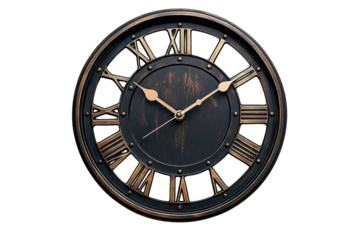 Vintage roman numeral clock face isolated on transparent background. Classic wall clock with Roman numerals isolated on white background.