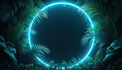 Tropical glowing neon circle frame with dark night jungle palm leaves. Summer background design for advertising, party invitations, or nightclub flyers.