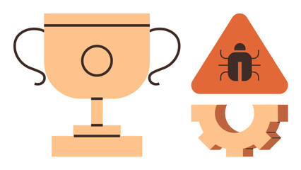 Trophy symbolizing success, warning triangle with bug icon for debugging, gear wheel for system operations. Ideal for development, QA, debugging, coding, software engineering, technology flat