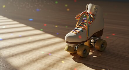 A roller skate with rainbow laces on a wooden floor with light and disco ball reflections visible