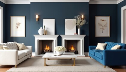 Modern interior design features living room with two sofas, one cream, one blue, flanking symmetrical fireplaces. Marble coffee table sits on plush rug in front of fires. Artwork adorns deep blue