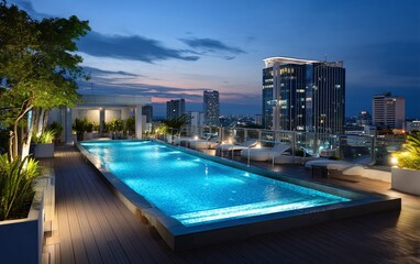 Serene rooftop pool overlooking a cityscape at twilight, perfect for luxury hotel or apartment branding.