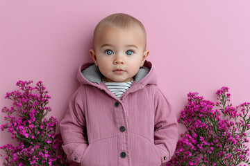 Cute baby standing against pink background wearing mauve jacket with hood and striped shirt, surrounded by bright purple flowers, adorable toddler fashion portrait concept