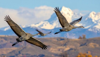 Obraz premium Two sandhill cranes soar gracefully against a backdrop of snow-capped mountains, showcasing the beauty of nature's flight.
