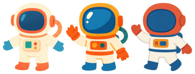 PNG Colorful cartoon astronaut characters, element set on transparent background