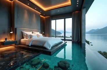 Fototapeta premium Luxurious hotel room featuring glass floor with submerged rocks, overlooking serene mountains, water. Modern design incorporates stone, wood elements. Offers tranquil, comfortable, exclusive escape.