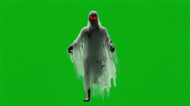 Ghostly figure with red eyes walking on a green screen background for compositing and special effects halloween ghost green screen video