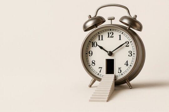 Alarm clock with stairs and door inside the dial. Space for text.