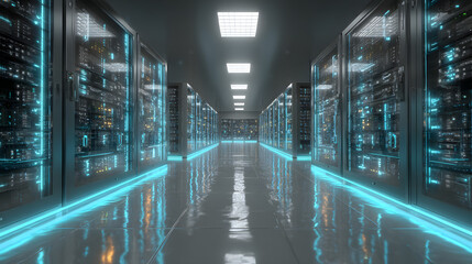 An advanced server room wih blue lighting, filled wih servers and digital equiment, representing data an technology.