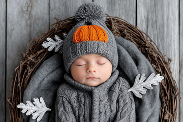Adorable newborn baby sleeping in cozy gray knitted outfit with pumpkin hat, surrounded by autumn leaves in rustic wooden basket on wooden background, fall season concept