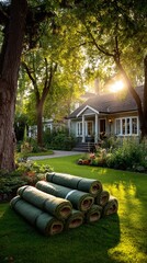 Serene Garden with Artificial Grass Rolls and Charming Home in Sunlight