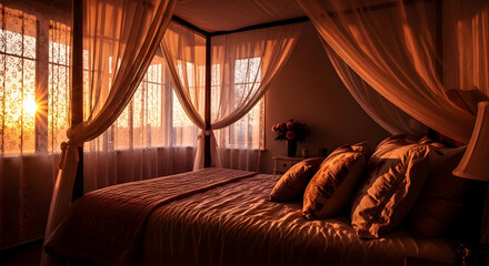 Elegant Canopy Bed Lit By Golden Sunlight Creating A Tranquil And Luxurious Bedroom Scene