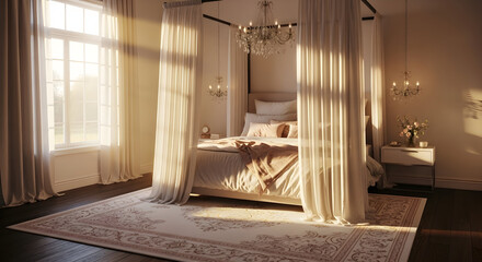 Elegant Canopy Bedroom at Dawn Showcasing Luxury and Comfort with Natural Light