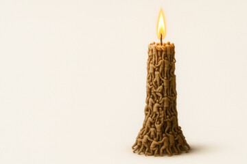 A candle made of many human figures. Space for text.