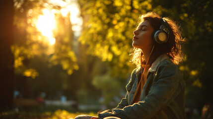 Peaceful Woman with Headphones Meditating Outdoors in Bright Golden Hour Sunlight